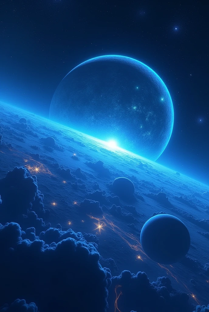 OUTER SPACE WITH PLANETS NEVER SEEN BEFORE AND THEY ALL GLOW WITH BLUE NEON LIGHT