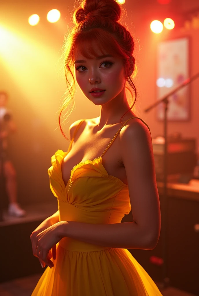 An attractive young woman with fair skin and red hair in a bun. Wear yellow dress, Ela esta em um karaoke. Her body is curvy, fleshy lips, with wide hips and a thin waist
