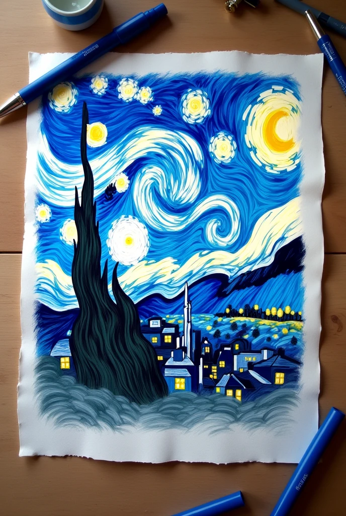 vangogh's starry sky artwork made with blue pen on a sheet of paper on a wooden table, best qualityer, detailded, realisitic , ultra detailded 4K full HD