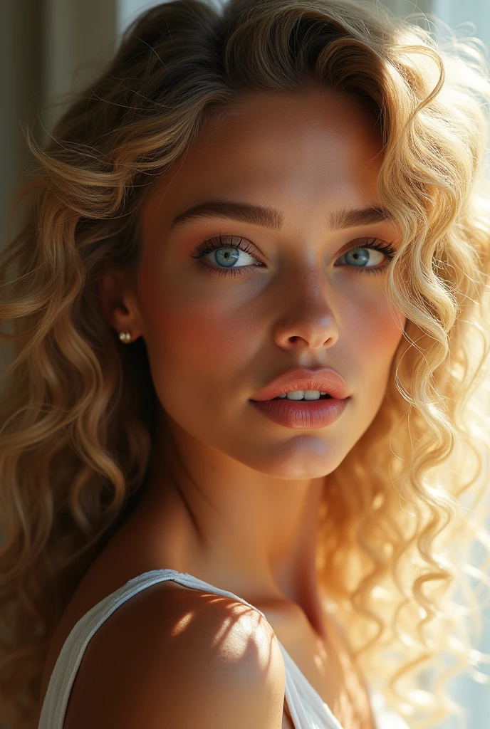 Une femme magnifique métisse au yeux bleues, Cheveux blondes and bouclés