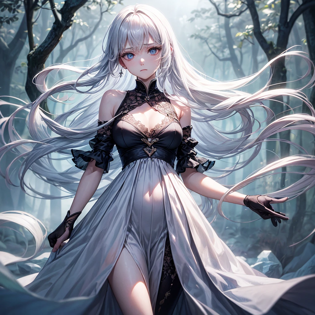A woman with a cold and mysterious atmosphere、Standing in a dark, foggy forest。Her long white hair sways in the wind、It shines silver in the pale moonlight.。Her skin is as white as porcelain、It exudes a cold beauty、Her beauty has a sensual charm。Eyes are ice blue、He gives me a cold, emotionless look,、There's something seductive about that gaze.、There is a mysterious glow。She is black、She was wearing a silky smooth robe.、The robe hugged her body perfectly and was boldly transparent.、It accentuates her supple curves。From the slit in the robe、A glimpse of her long, smooth legs、It creates an enchanting atmosphere。Behind her、There stands an ancient stone altar、A pale light faintly leaks out from it.。The silence and coldness pervades the whole place.、Her mysterious yet、Emphasizing sensual appeal