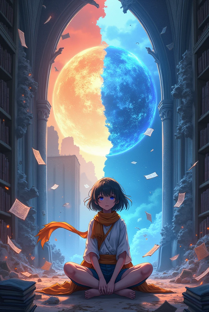 Generated image of the girl in anime style wearing mage clothes but with short pants that only cover the top half of her thighs, then it looks like there is a scarf tied around her hips. Short hair with a backdrop of a fantasy world that is half destroyed and half not and the girl is sitting looking at it from an old library, with several elements such as floating books and magic circles, generating a vertical image