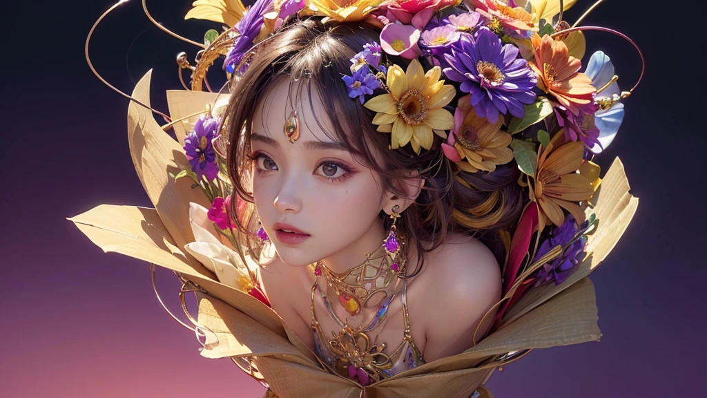 32K, 最高quality, 最高masterpiece, (ultra-Detailed Background, Detailed Background), High resolution, Super detailed, Very detailedな, 1 personの, (bouquet:1.3), (Tangled:1.2), (Geometric:1.2),(colorful),(masterpiece, quality, best quality, Official Art, Beautiful and beautiful:1.2), (1 person:1.3), Very detailed,(colorful:1.1)(Flowers:1.3),Most detailed,(Tangled:1.2), whole body, (Abstract background:1.3), (Skin glows), (Many colors:1.4), ,(Earrings Jewelry:1.5), Purple-red pale background, It's imaginative., Milk tea colored hair,