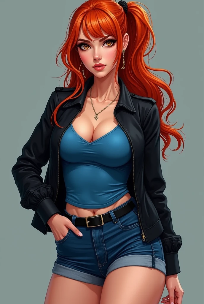 Redhead Woman with Big hips, blue shorts, black jacket and blue shirt with side fringe ponytail