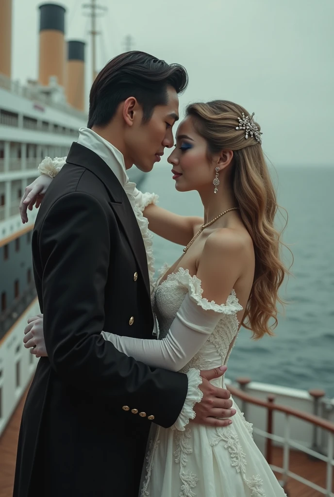 Realistlic photo of dancing couple of Titanic movie 1997 era vintage photo couple between Fictional man as Asian looking South Korean man as 40 years old and wearing black outfit as France Sun king Louis XVI era outfit have dyed black short hair and have titanc ship as backround is dancing couple of titanic ship with White European Estonian young adult 2 and 167 cm girl kärt with wearing dyed dull blonde very long wavy hair , have arched brown natural eyebrows , have square shaped face , have low cheekbones , have oily skin , have narrow upper lips , have lighted earth blue eyes and is wearing mermaid makeup with blue smokey eyeshadow and pink lipgloss in lips and is wearing White Moon minidress and white gloves