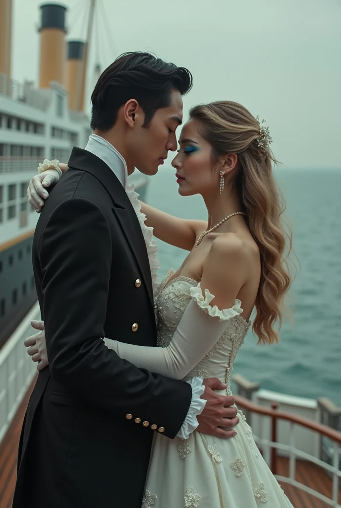 Realistlic photo of dancing couple of Titanic movie 1997 era vintage photo couple between Fictional man as Asian looking South Korean man as 40 years old and wearing black outfit as France Sun king Louis XVI era outfit have dyed black short hair and have titanc ship as backround is dancing couple of titanic ship with White European Estonian young adult 2 and 167 cm girl kärt with wearing dyed dull blonde very long wavy hair , have arched brown natural eyebrows , have square shaped face , have low cheekbones , have oily skin , have narrow upper lips , have lighted earth blue eyes and is wearing mermaid makeup with blue smokey eyeshadow and pink lipgloss in lips and is wearing White Moon minidress and white gloves
