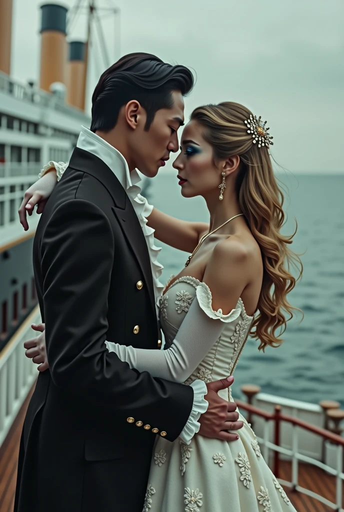 Realistlic photo of dancing couple of Titanic movie 1997 era vintage photo couple between Fictional man as Asian looking South Korean man as 40 years old and wearing black outfit as France Sun king Louis XVI era outfit have dyed black short hair and have titanc ship as backround is dancing couple of titanic ship with White European Estonian young adult 2 and 167 cm girl kärt with wearing dyed dull blonde very long wavy hair , have arched brown natural eyebrows , have square shaped face , have low cheekbones , have oily skin , have narrow upper lips , have lighted earth blue eyes and is wearing mermaid makeup with blue smokey eyeshadow and pink lipgloss in lips and is wearing White Moon minidress and white gloves