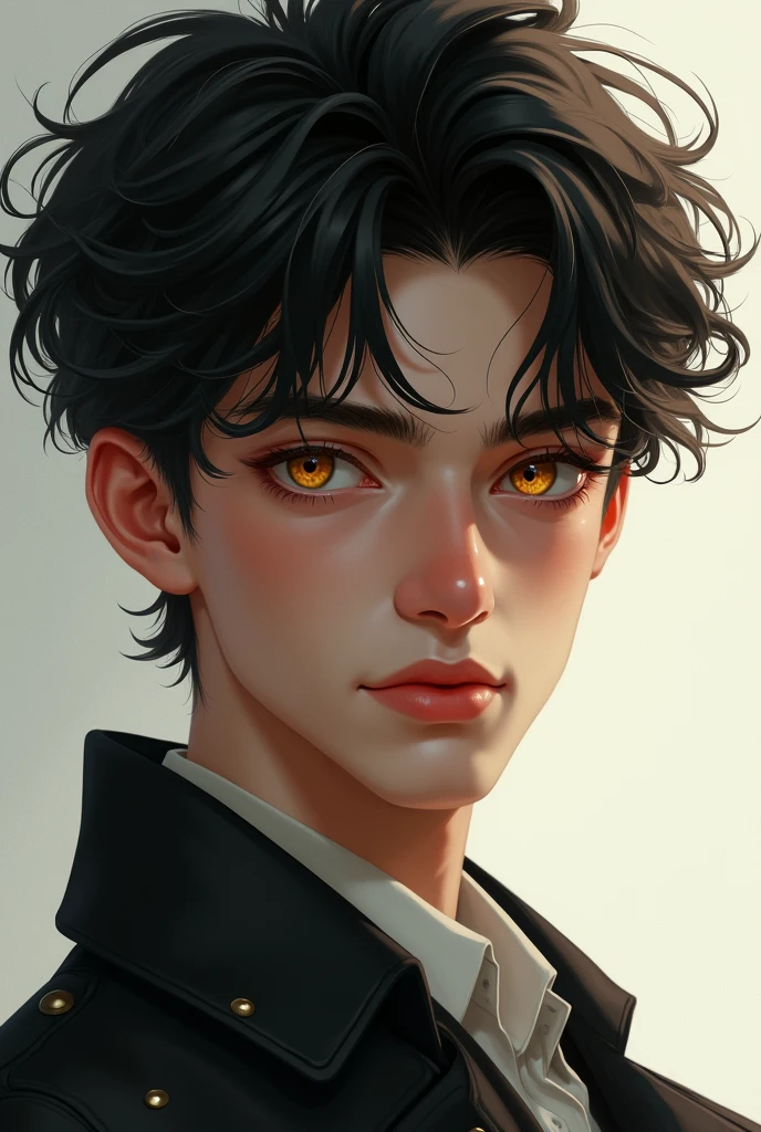 Young man with short curly dark hair and golden eyes 