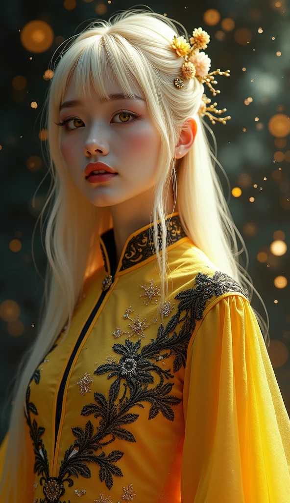 1 2, 1 zodiac goddess from the future, goddess of the pink and purple 12 zodiacs, the goddess of the zodiac in a yellow ao dai, a 12 zodiac ao dai with many black lace detail, mythology Goddess of the 12 zodiacs from the future, zodiac ♏, luxurious glittering zodiac style, dark and mysterious version, zodiac crown, lipstick lips red, thin and beautiful lips, mouth closed, characters made by karol bak and pino daeni, intricate detail, detailed background, extremely detailed, light magic, a woman, clear face, hair long with bangs, beautiful face in detail and well-proportioned eyes, (transparent yellow eyes: 1.8), big round eyes and very beautiful and detailed makeup, foresight, silk dress, mysterious makeup , double bangs and dyed light blonde , upper half portrait, zodiac goddess portrait, arms hanging loosely, Realistic and vivid photo, (stars make up the zodiac: 1.7), (sky background zodiac and fictitious space and time portal: 1.8), fiction art, RAW photo, hanfu picture, best photo, best photo quality, 8k quality, 8k ultra, super realistic, real photo most economical, the goddess poses sexy and seductive,