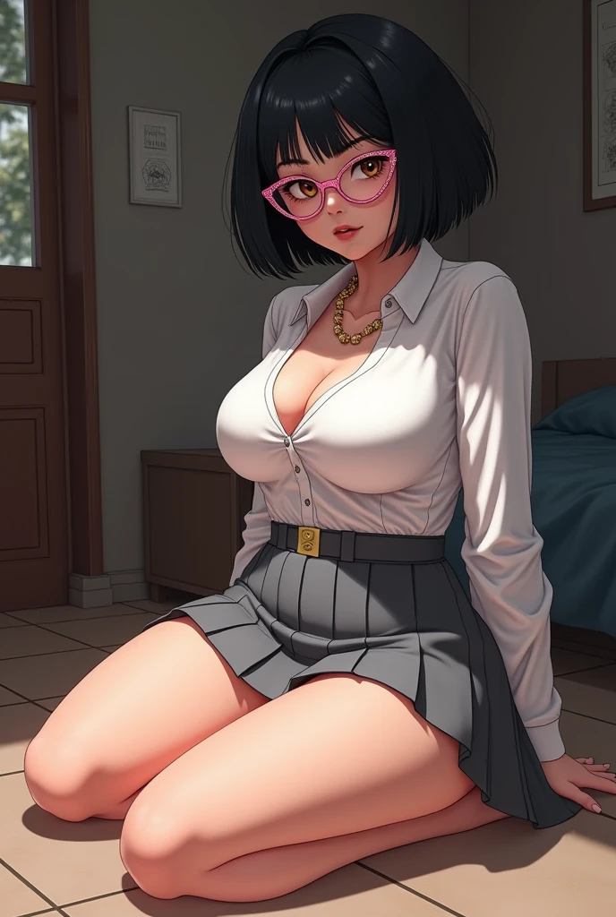 masterpiece, best quality, ultra detailed, dynamic angle, front view, watercolor and oil painting fusion, hot black artwork, white line art, beautiful woman, 1 woman, older woman, beauty, perfect anatomy, perfect eyes, perfect fingers, perfect hands, anime girl, secretary, white shirt, short black skirt glasses, tight, ass, breast, thighs, black hair, siren black eyes, seductive smile, office background, soft, seductive, hot, spicy, orgasm face,