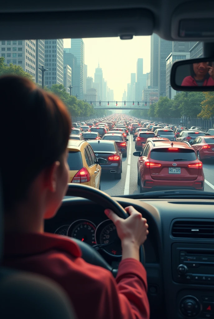 A scene of heavy traffic, with cars stopped in a traffic jam, but the driver is looking at an empty, free road to her left, just waiting to change lanes.