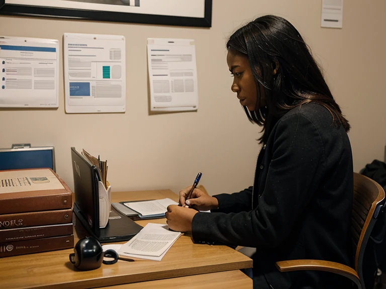 A person sitting at a desk, surrounded by bills and expenses on one side and textbooks on the other, looking overwhelmed but determined, representing the struggle to balance life's responsibilities.