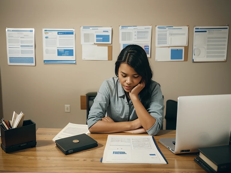 A person sitting at a desk, surrounded by bills and expenses on one side and textbooks on the other, looking overwhelmed but determined, representing the struggle to balance life's responsibilities.