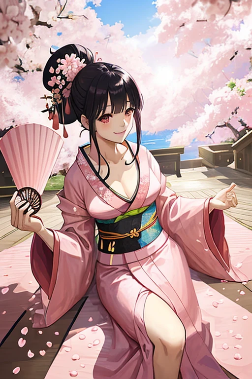 Woman, pink kimono, thighs, open chest, holding a large fan, active, poised, cherry blossom petals fluttering, black hair, hair tied, smiling, sunlight