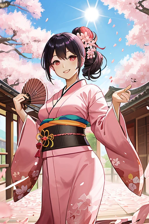Woman, pink kimono, thighs, open chest, holding a large fan, active, poised, cherry blossom petals fluttering, black hair, hair tied, smiling, sunlight