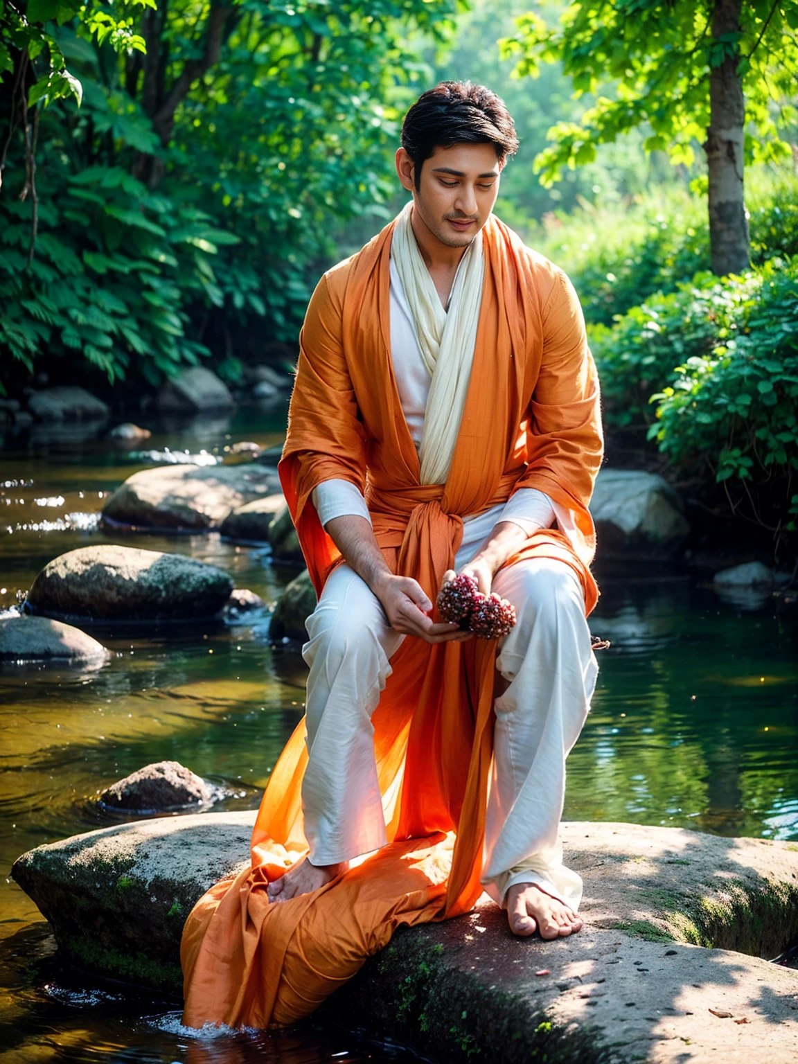 (Highest quality, Ultra HD, 16k, Masterpiece) In a serene, mystical landscape, Mahesh Babu is depicted as a young Indian sage, embodying wisdom and tranquility. The scene is set in a lush, verdant forest with tall, ancient trees, their leaves softly rustling in the breeze. The background is bathed in the warm, golden light of early morning, with rays of sunlight filtering through the foliage, creating a peaceful, almost sacred atmosphere.

Mahesh Babu, dressed in a simple yet elegant orange-colored dhoti and a flowing saffron shawl draped gracefully over his shoulder, sits cross-legged on a large, flat rock. His attire is traditional, with the saffron hues symbolizing renunciation and spiritual awakening. His hair is neatly tied back, and his face is calm, exuding a sense of deep inner peace and contemplation. A small rudraksha mala (prayer beads) rests in his hand, subtly glowing in the soft light, as he meditates with closed eyes, lost in serene thought.

Surrounding him are elements of nature that emphasize the spiritual setting—a gentle stream flowing nearby, the soft chirping of birds, and the faint scent of blooming flowers carried on the wind. The landscape is alive with subtle hints of divine presence, like a faint halo of light around Mahesh Babu’s head and the delicate aura of golden light that surrounds his form, blending him harmoniously with the natural world.

The overall composition highlights Mahesh Babu in his peaceful meditation, with the vibrant orange of his robes standing out against the lush green of the forest. The title of the piece, “The Sage’s Journey,” is inscribed elegantly at the top, while a subtle, Sanskrit-inspired tagline below reads, “In the quiet of the forest, the soul finds its path