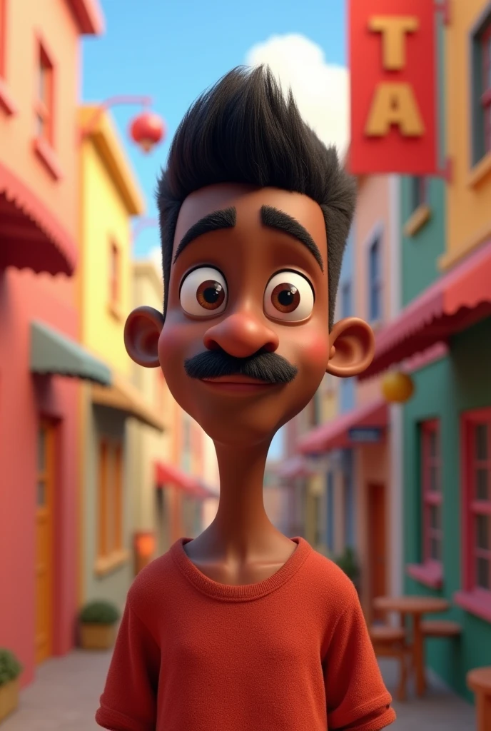 Disney Pixar 3D style poster thin black man 3 thick eyebrow rounded nose mustache gradient razored hair