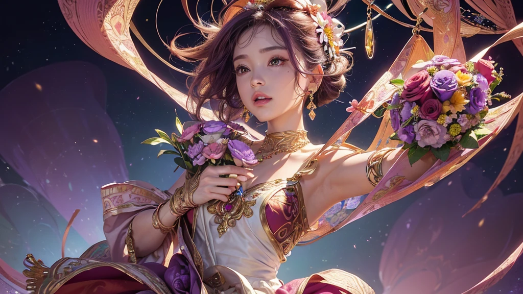 32K, 最高quality, 最高masterpiece, (ultra-Detailed Background, Detailed Background), High resolution, Super detailed, Very detailedな, 1 personの, (bouquet:1.3), (Tangled:1.2), (Geometric:1.2),(colorful),(masterpiece, quality, best quality, Official Art, Beautiful and beautiful:1.2), (1 person:1.3), Very detailed,(colorful:1.1)(Flowers:1.3),Most detailed,(Tangled:1.2), whole body, (Abstract background:1.3), (Skin glows), (Many colors:1.4), ,(Earrings Jewelry:1.5), Purple-red pale background, It's imaginative., Milk tea colored hair,