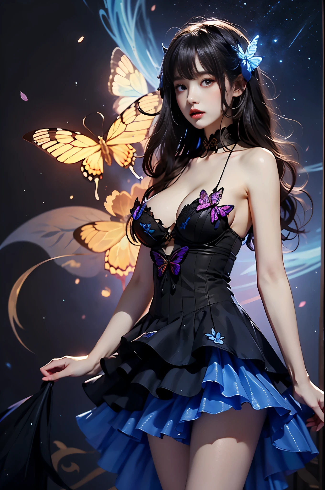 Beautiful dance pose, She gently lifted her skirt with one hand,头发周围有白色的Butterfly兰，Lilac dendrobium、White Lily, Long legs , Deep in Wonderland, ((Flowing long hair))Official Art , Unity8k Wallpaper , Extremely detailed , Visible cleavage, Pretty and beautiful , 性感Long legs, masterpiece , best quality ,Practical, Very detailed illustrations ,Extremely detailed , Intricate details , Extremely complex and detailed , Very detailed 8KCG wallpaper , Caustics .reflection , Ray Tracing , Devil theme ,nebula ,Dark aura, Network Effects , (1 girl)solitary , 小蓝Butterfly , (Blue plasma flame , (insect , Butterfly)) Pastel tones in Rococo style ,Light white and light dark red , Incredibly beautiful , Cherry blossoms , Surrealism ,painting , Ethereal , Mixing reality and fantasy elements ,Ray Tracing , Complex Mode , Exquisite lines , Perfect your hands, Starry Sky , Colorful , Star