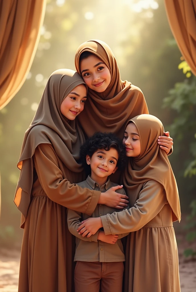 One Muslim mother with her 3 daughters and 1 son