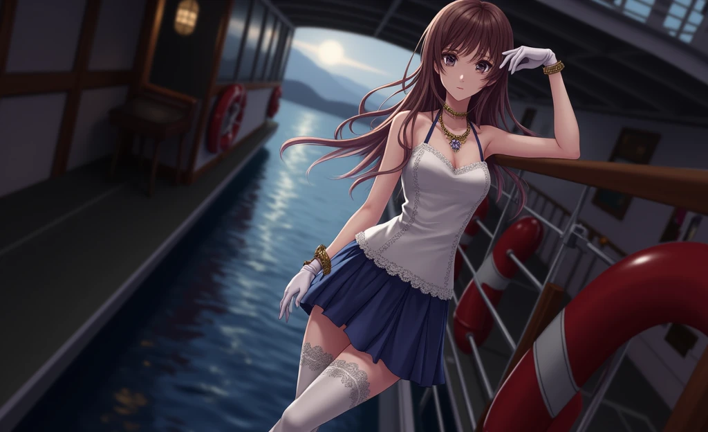 ((best quality)), ((masterpiece)), ((1girl)), solo, Ferry, ((long hair)), FerryBase, ((thighhighs)), bare shoulders, ((jewelry)), ((sleeveless)), white dress, blue skirt, ((gloves)), thigh-high, from behind.