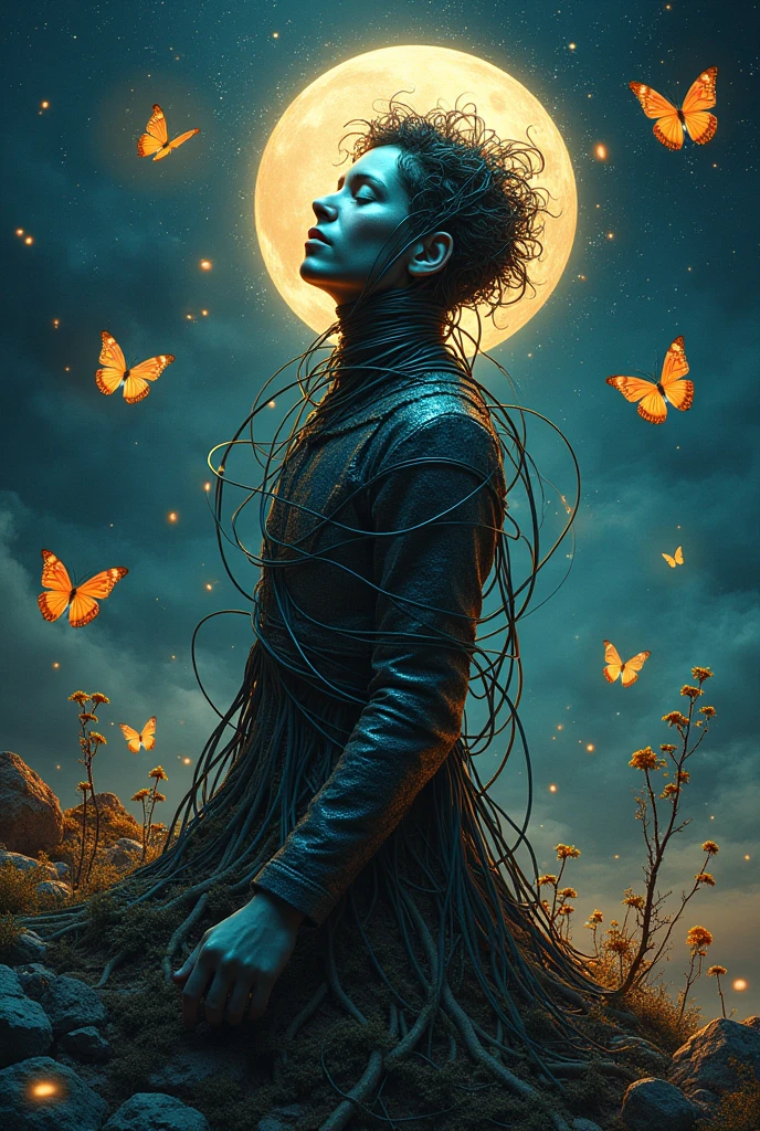 **theme:** Human transcendence through the fusion of the organic and the technological.  
**styled:** Contemporary surrealism, with detailed realism and abstract elements.  
**colors:** deep blue, gold and black, symbolizing the unknown, the divine and the mystery.  
**Composition:** Central figure partially wrapped in cables and roots, with a face that reflects the starry sky. Floating objects combine nature and technology, like metallic butterflies and neon flowers.  
**feeling:** Wonder and reflection on the relationship between nature and human progress, evoking a sense of quest and transcendence.
