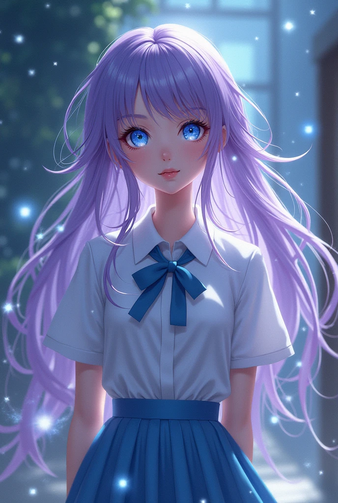 The witch,school girl, eyes star, blue eye,Light purple hair, school uniform,White shirt,Light blue skirt, magic of star,Good physical shape,jade beautiful