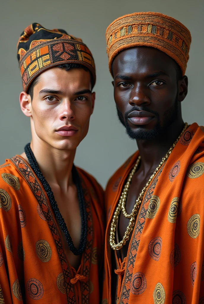 a very light-skinned man,brown skinned,with African clothes and a striking look