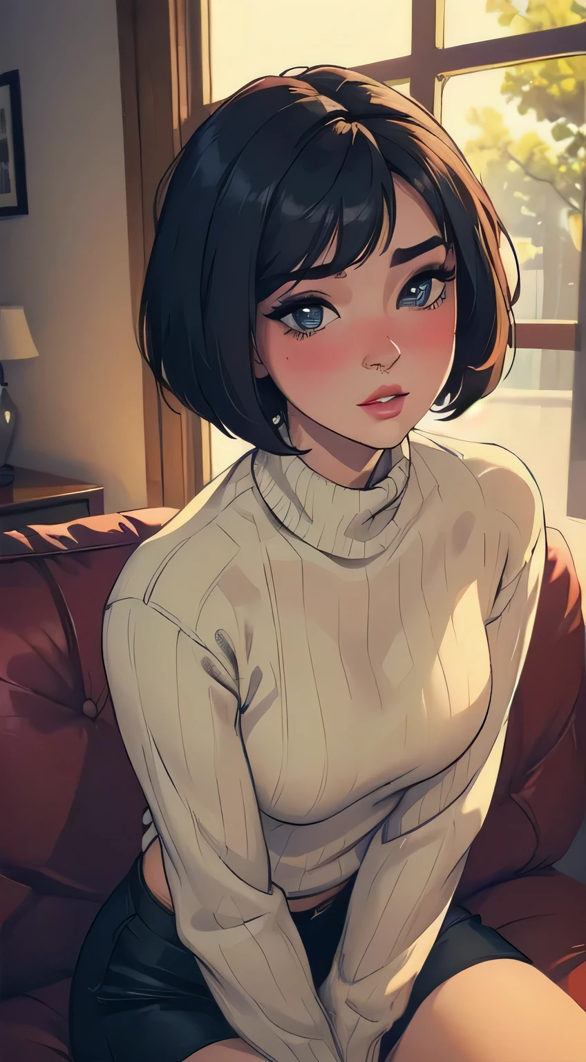 Sexy woman, perfect short hair, Bob style, amazing makeup, seductive gaze, blushing intensely, ready to kiss, long oversized sweater, sitting comfortably on couch, window, natural light beaming through window, beautiful face, seductively gazing at us, very seductively provocative
