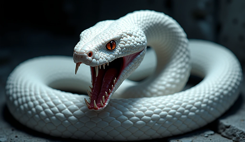 ((best quality)), ((masterpiece)), white snake, poisonous white snake, venomous, scary, dangerous, angry, mad, lethal, fangs, dark background, black background, anime, comic book