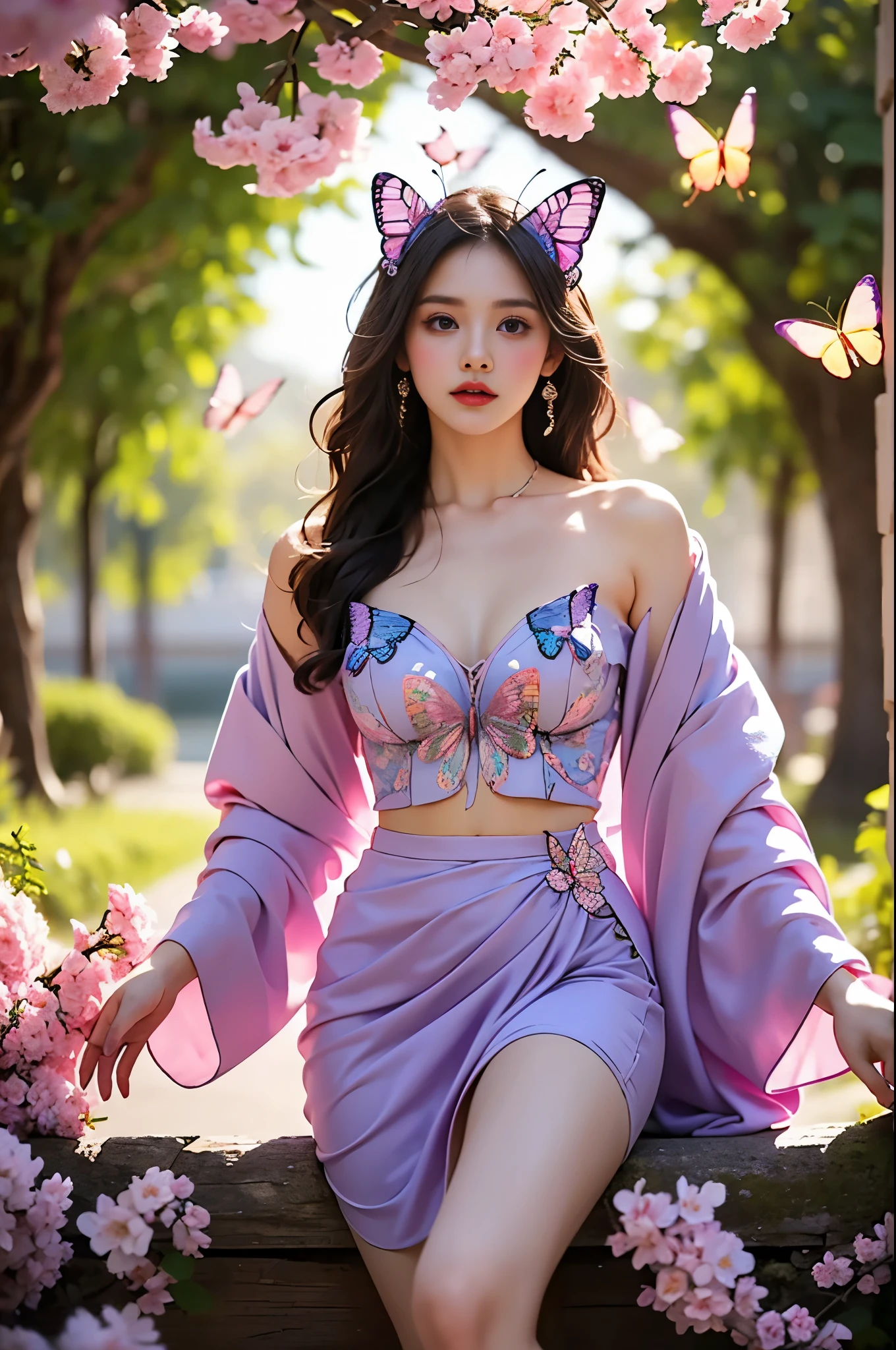 Beautiful dance pose, She gently lifted her skirt with one hand,头发周围有白色的Butterfly兰，Lilac dendrobium、White Lily, Long legs , Deep in Wonderland, ((Flowing long hair))Official Art , Unity8k Wallpaper , Extremely detailed , Visible , Pretty and beautiful , 性感Long legs, masterpiece , best quality ,Practical, Very detailed illustrations ,Extremely detailed , Intricate details , Extremely complex and detailed , Very detailed 8KCG wallpaper , Caustics .reflection , Ray Tracing , Devil theme ,nebula ,Dark aura, Network Effects , (1 girl)solitary , 小蓝Butterfly , (Blue plasma flame , (insect , ButterflPastel tones in Rococo style ,Light white and light dark red , Incredibly beautiful , Cherry blossoms , Surrealism ,painting , Ethereal , Mixing reality and fantasy elements ,Ray Tracing , Complex Mode , Exquisite lines , Perfect your hands, Starry Sky , Colorful , Star