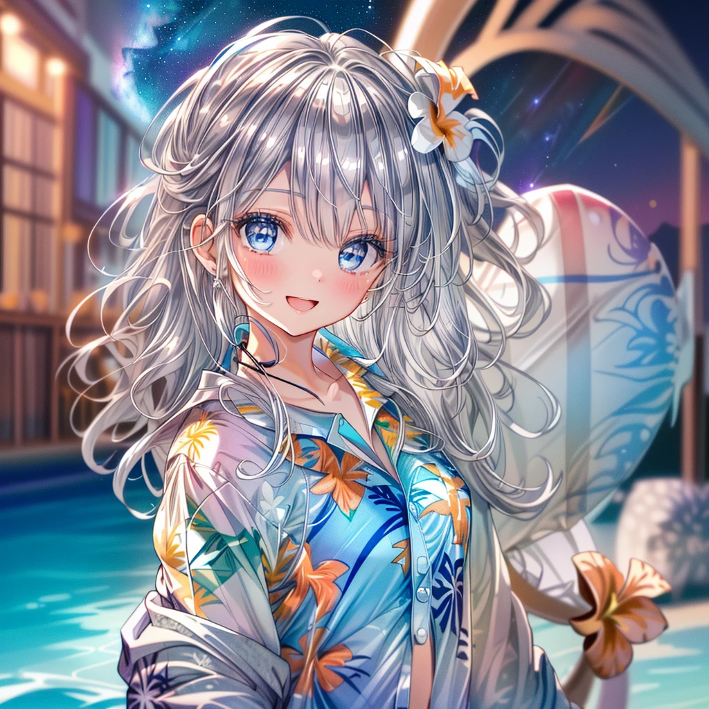 (Best quality,4K,8K,High resolution,Masterpiece:1.2),Super detailed,(Actual, Realistic),highly detailed, top quality, soft skin,Portrait,
break,
((clear blue eyes:1.2)),smiling eyes,beautiful eyelashes,beautiful lower eyelashes,
break,
((Beautiful and shiny silver hair:1.3)),A dazzling smile, a bursting smile, an open mouth laugh,
break,
very happily,
break,
((beautiful aloha shirt:1.3)),((wearing a beautiful bikini inside:1.3)),
break,
((beautiful night sky:1.3))
