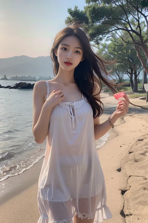 1 Girl,seaside,Soft Light,Chinese Beauty,Slip nightdress