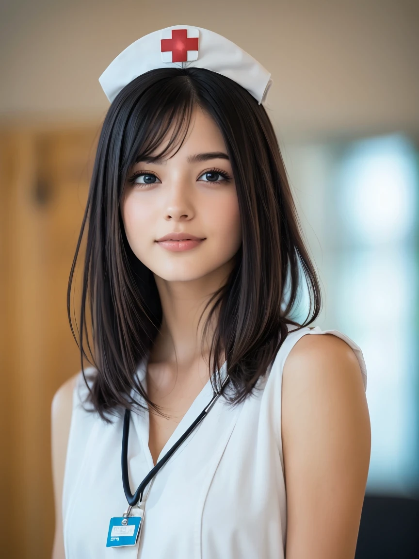 1. Pure Woman,(Wearing white nurse clothes:1.2),(RAW Photos, Highest quality), (Realistic, photo-Realistic:1.4), masterpiece, Two very delicate and beautiful women, Very detailed, Great Skin, Detailed face, Cool smile、Clean look、 Sparkling eyes, double eyelid, Ample breasts、High resolution, Soft Light, Beautiful detailed girl, Very detailed eyes and face, Beautiful and sophisticated nose, nurse, Perfect Anatomy, Black Hair, Upstyle, nurse uniform, ((nurse cap)), hospital, clear, White Uniform, hospital room, ((High resolution)),  short hair, bangs,Face Focus、