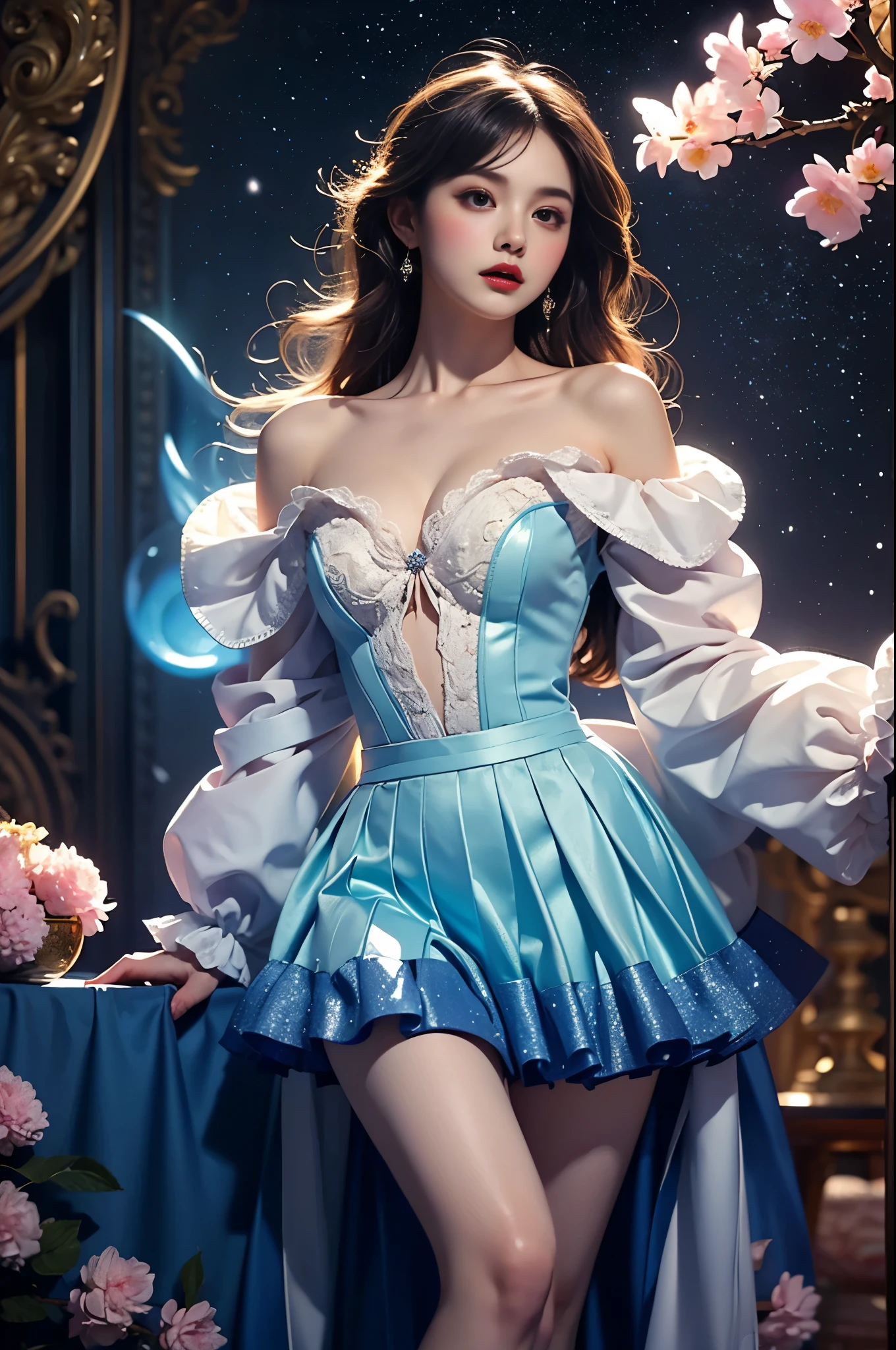 Beautiful dance pose, She gently lifted her skirt with one hand,头发周围有白色的Butterfly兰,Lilac dendrobium、White Lily, Long legs , Deep in Wonderland, ((Flowing long hair))Official Art , Unity8k Wallpaper , Extremely detailed , Visible cleavage, Pretty and beautiful , 性感Long legs, masterpiece , best quality ,Practical, Very detailed illustrations ,Extremely detailed , Intricate details , Extremely complex and detailed , Very detailed 8KCG wallpaper , Caustics .reflection , Ray Tracing , Devil theme ,nebula ,Dark aura, Network Effects , (1 girl)solitary , 小蓝Butterfly , (Blue plasma flame , (insect , Butterfly)) Pastel tones in Rococo style ,Light white and light dark red , Incredibly beautiful , Cherry blossoms , Surrealism ,painting , Ethereal , Mixing reality and fantasy elements ,Ray Tracing , Complex Mode , Exquisite lines , Perfect your hands, Starry Sky , Colorful , Star