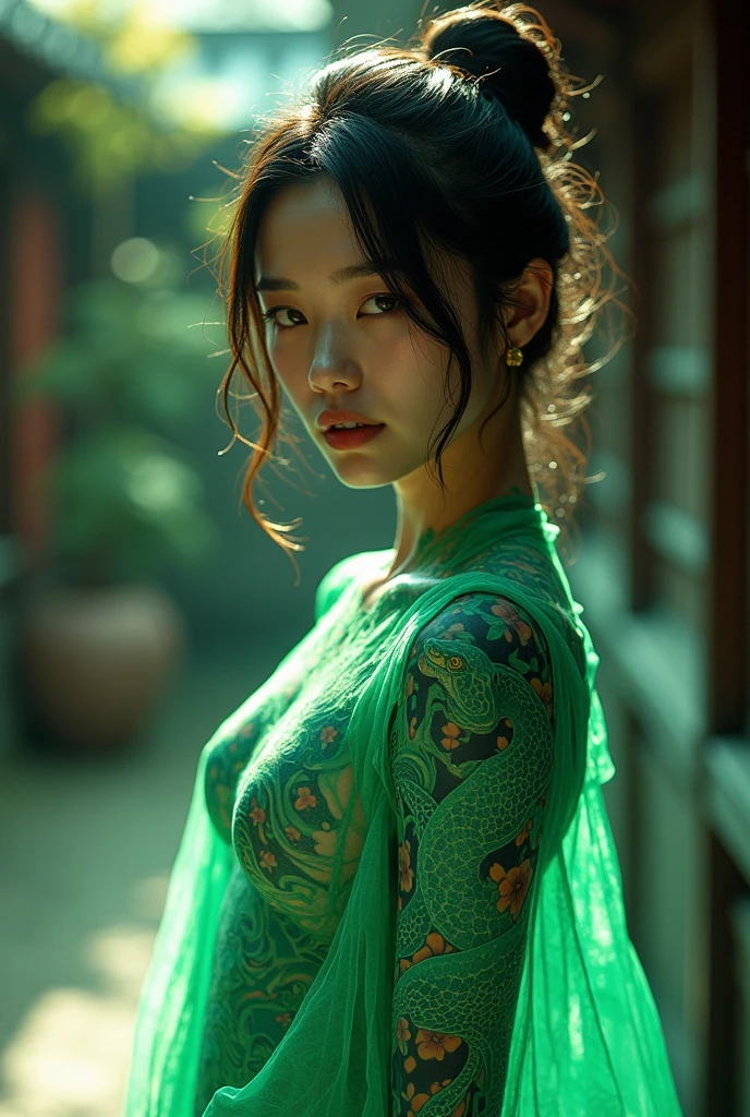 An image of a Japanese lady, tattoo of a green turtle head snake in green glowing ink on her body, at the courtyard, creative angle moving dynamic pose,