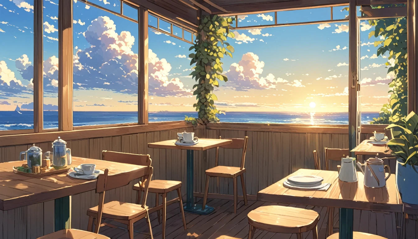 Soft Light Seaside Cafe Ghibli style An illustration Makoto Shinkai's Style,