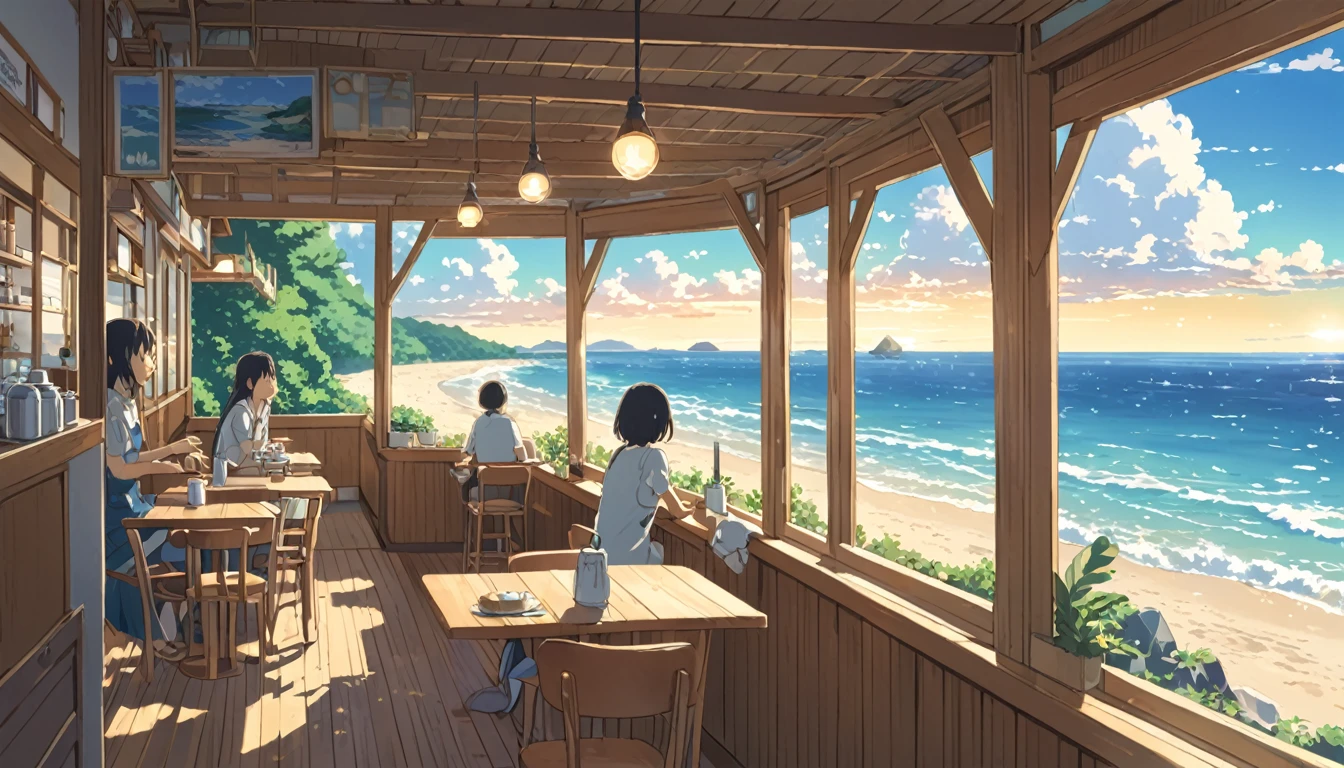 Soft Light　Seaside Cafe　Ghibli style　An illustration　Makoto Shinkai&#39;s Style,