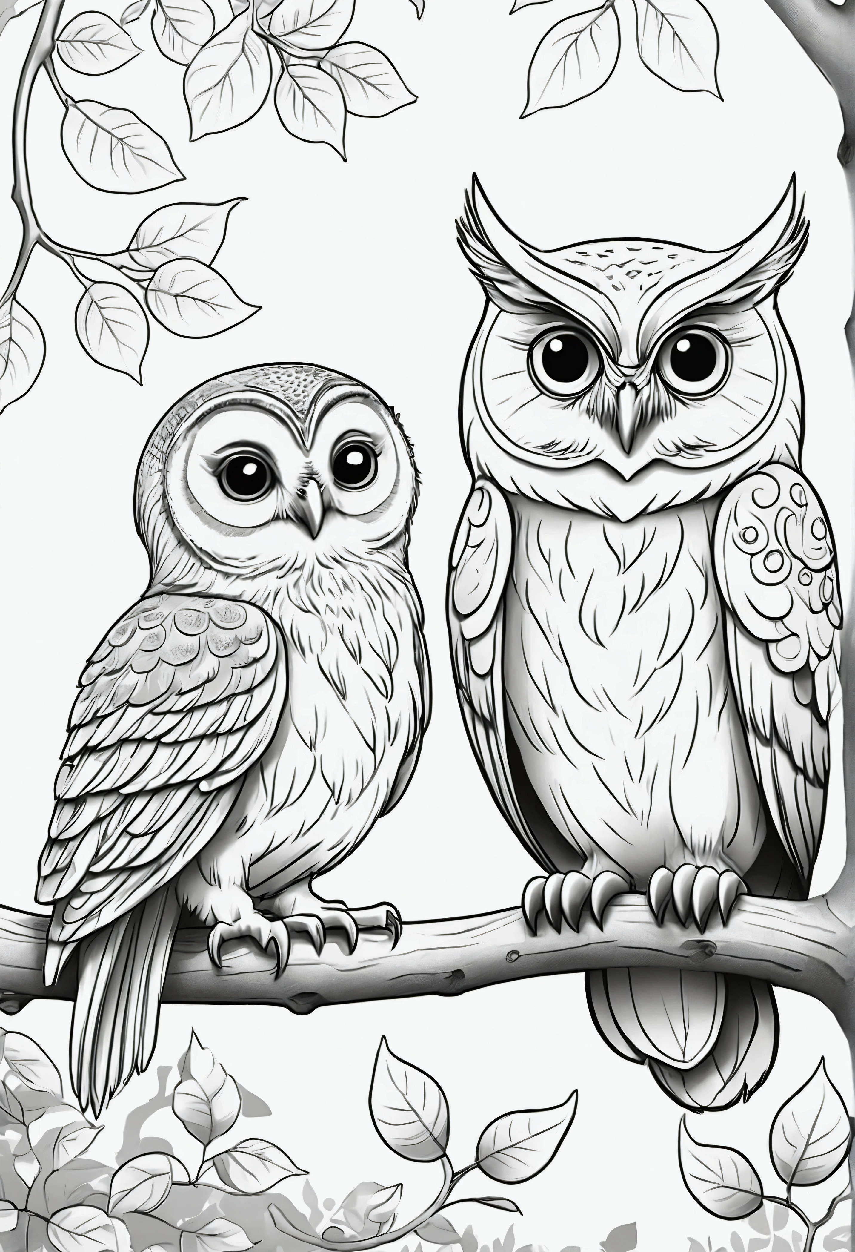 A fairy sitting on a branch, talking to a wise old owl, for coloring pages, full white,clean line art, children's style, magic forest background, full body, Sketch style, playful style, childrens,coloring page, clean line art, white background, colouring page, clean outline