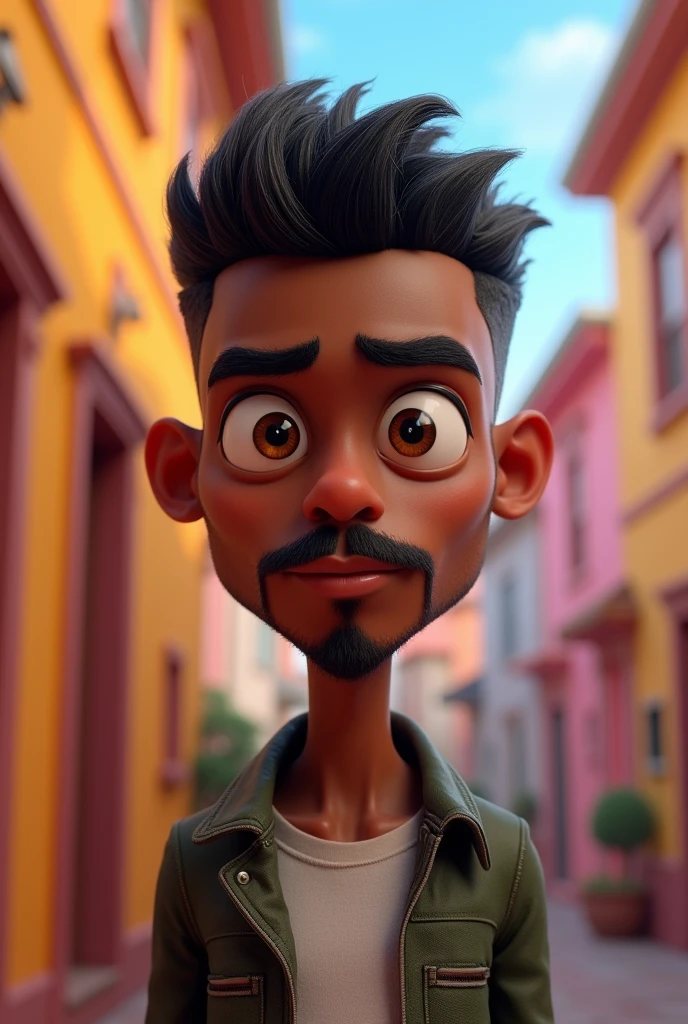 Disney Pixar 3D style poster thin black man 3 thick eyebrow rounded nose mustache gradient razored hair