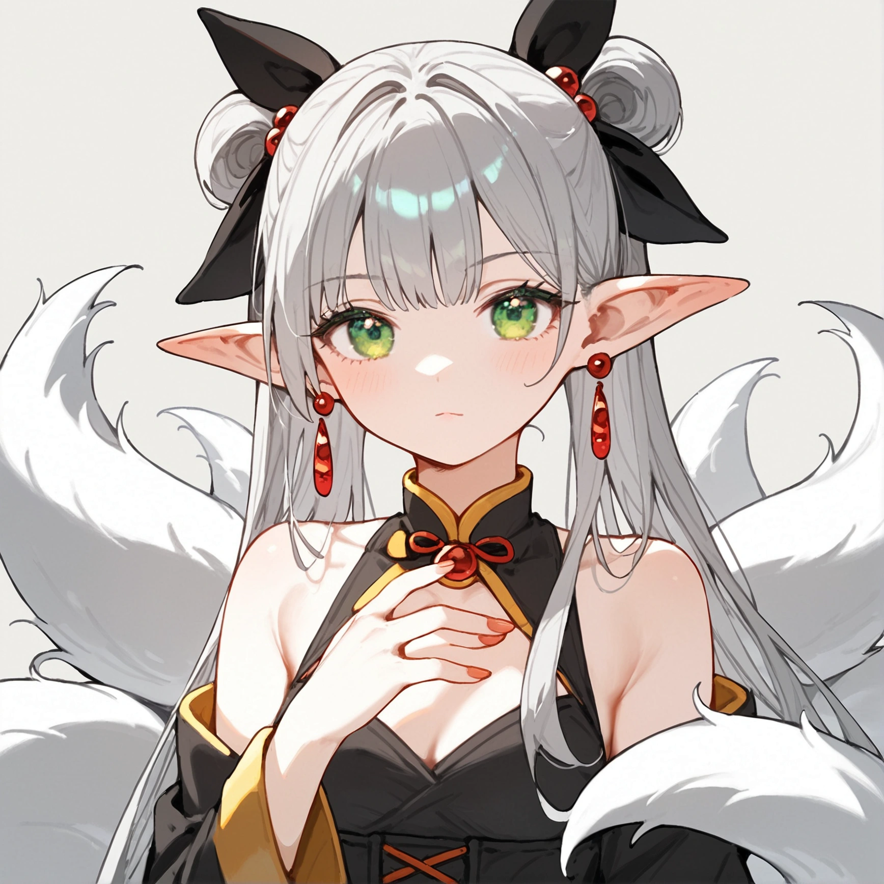 Anime Artwork, Fraction_9, Fraction_8_up, Fraction_7_up, Fraction_6_up, Fraction_5_up, Fraction_4_up,freeze, 1 Girl, Green Eyes, Gray hair, Double tail, Pointed ears, Eyebrow, earrings 
