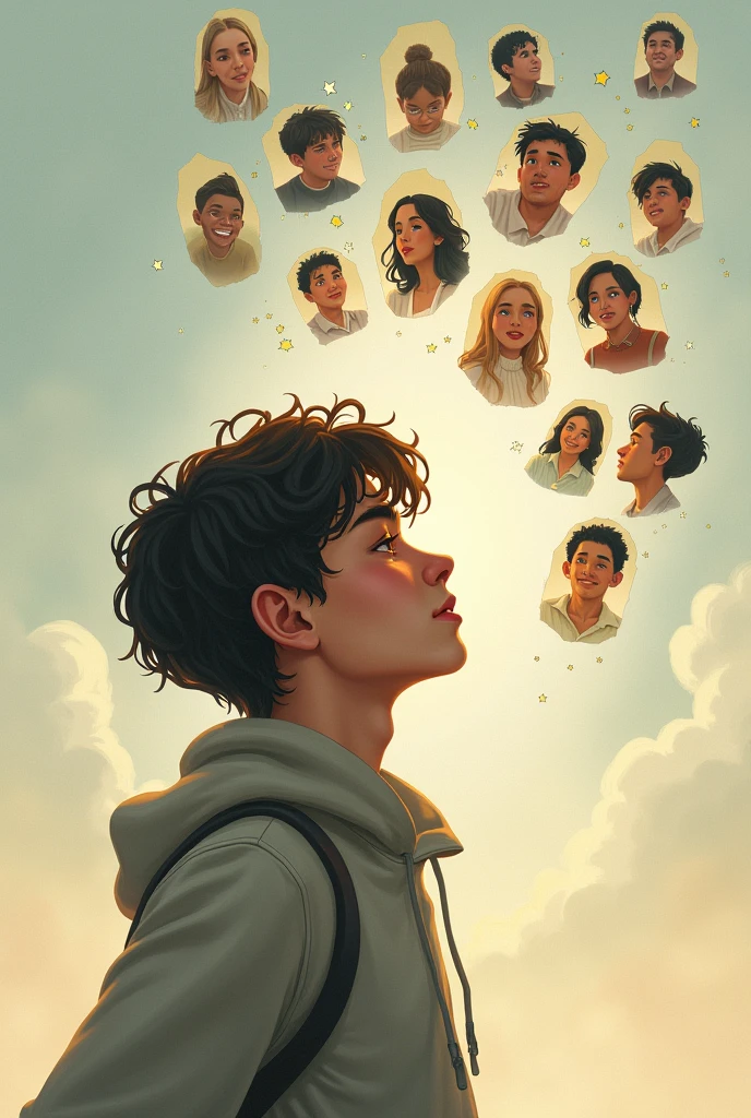 Alex starts thinking, a series of small images appear around Alex's head: moments where they were kind to someone, made a friend laugh, or helped someone out.