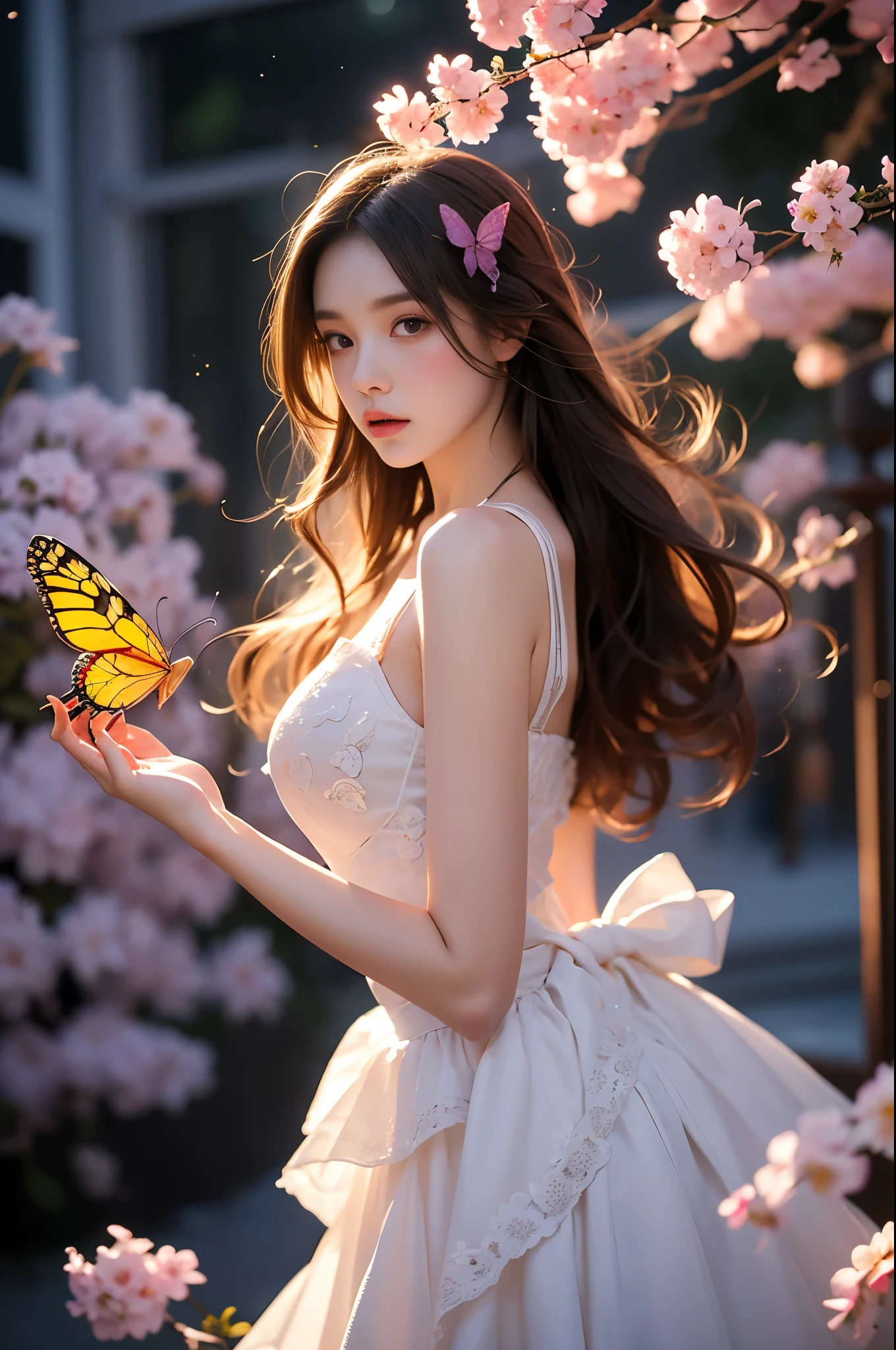 Beautiful dance pose, She gently lifted her skirt with one hand,头发周围有白色的Butterfly兰,Lilac dendrobium、White Lily, Long legs , Deep in Wonderland, ((Flowing long hair))Official Art , Unity8k Wallpaper , Extremely detailed , Visible cleavage, Pretty and beautiful , 性感Long legs, masterpiece , best quality ,Practical, Very detailed illustrations ,Extremely detailed , Intricate details , Extremely complex and detailed , Very detailed 8KCG wallpaper , Caustics .reflection , Ray Tracing , Devil theme ,nebula ,Dark aura, Network Effects , (1 girl)solitary , 小蓝Butterfly , (Blue plasma flame , (insect , Butterfly)) Pastel tones in Rococo style ,Light white and light dark red , Incredibly beautiful , Cherry blossoms , Surrealism ,painting , Ethereal , Mixing reality and fantasy elements ,Ray Tracing , Complex Mode , Exquisite lines , Perfect your hands, Starry Sky , Colorful , Star