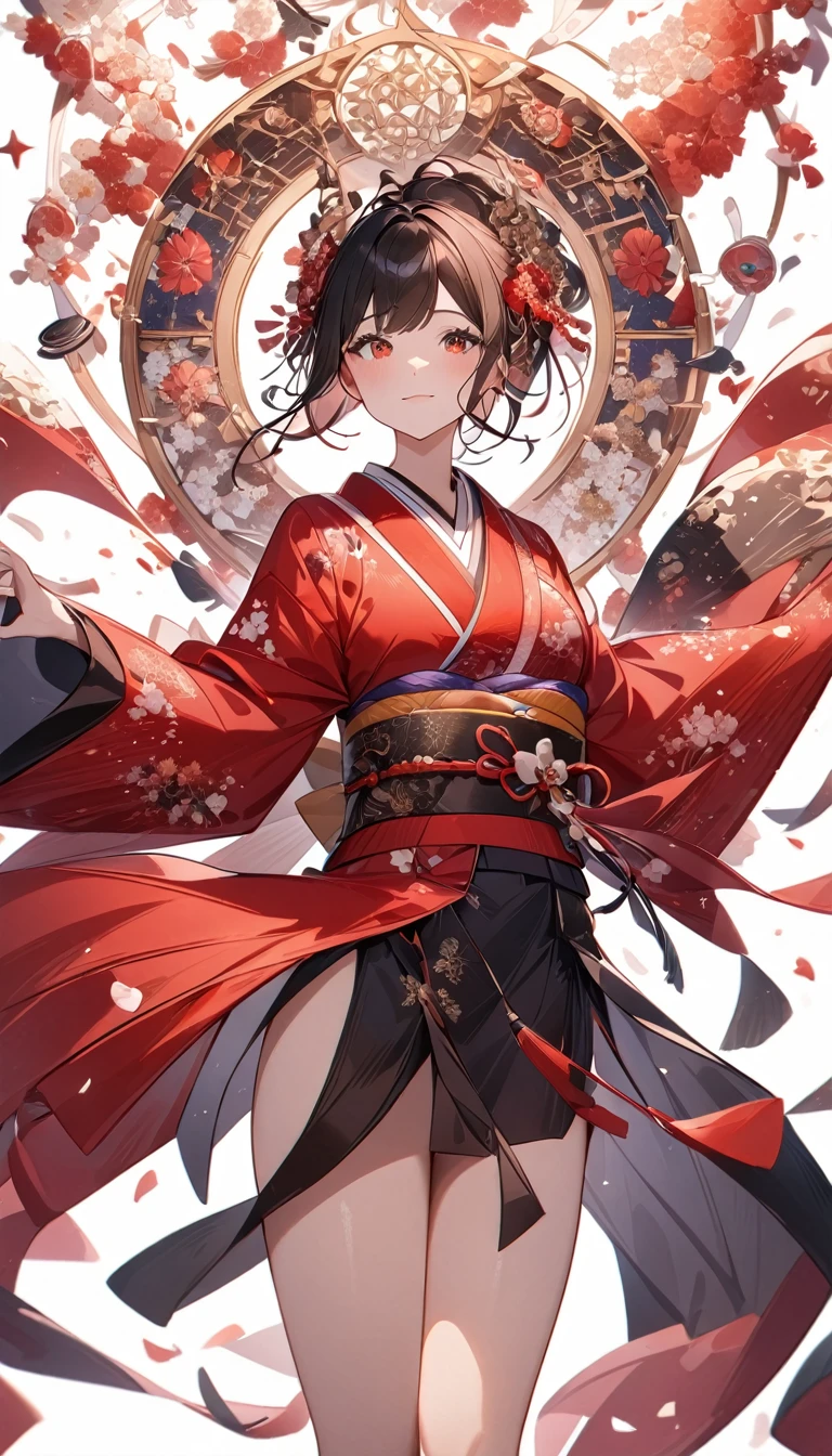 (((white background、White world)))、14 years、unity 8k wallpaper、super detailed、beautiful beautiful、masterpiece、highest quality、(tangleた、mandala、tangle、tangle)、(fractal art:1.3)、one girl、beautiful black hair、Japanese、Big pink、red kimono、Japanese clothing、very detailed、dynamic angle、cowboy shot、The most beautiful things form chaos、elegant、brutal design、Bright colors、romance、atmosphere、ecstasy notes、Streaming music notes are displayed、(((white background、pure white background、Red circle)))