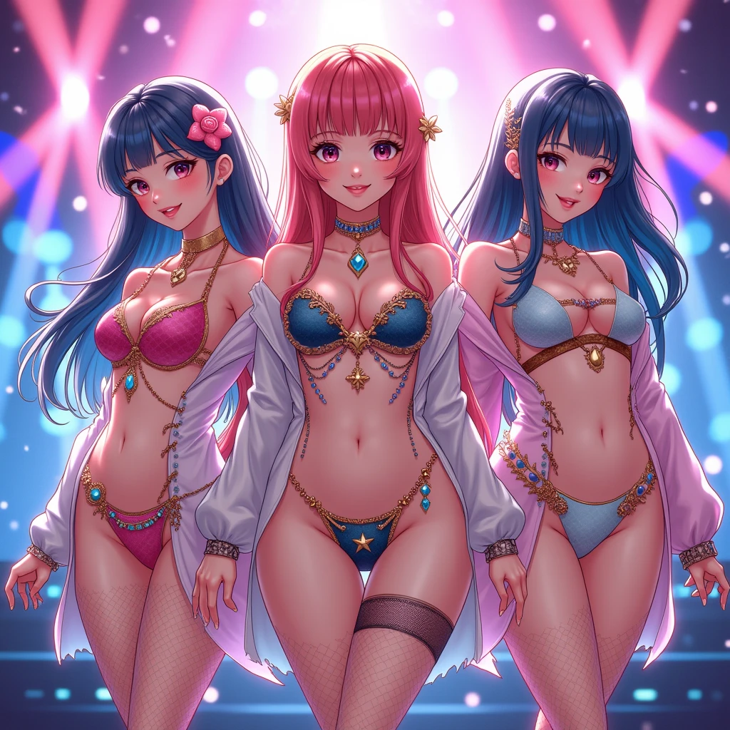 
(((masterpiece、Highest quality)))、((Three girls、beautiful girl、Detailed and cute face、smile、Pussy:1.5)))、(Idol Concert、Concert Stage、PreCure Costumes、Beautiful illuminations)、(Three naked cute girls:1.3、Various hair colors、smile:1.3、Idol Costumes)、(Nipples)、(Glowing Skin、Flashy and gorgeous accessories、Fishnet tights、Black Hair)、Visitors々