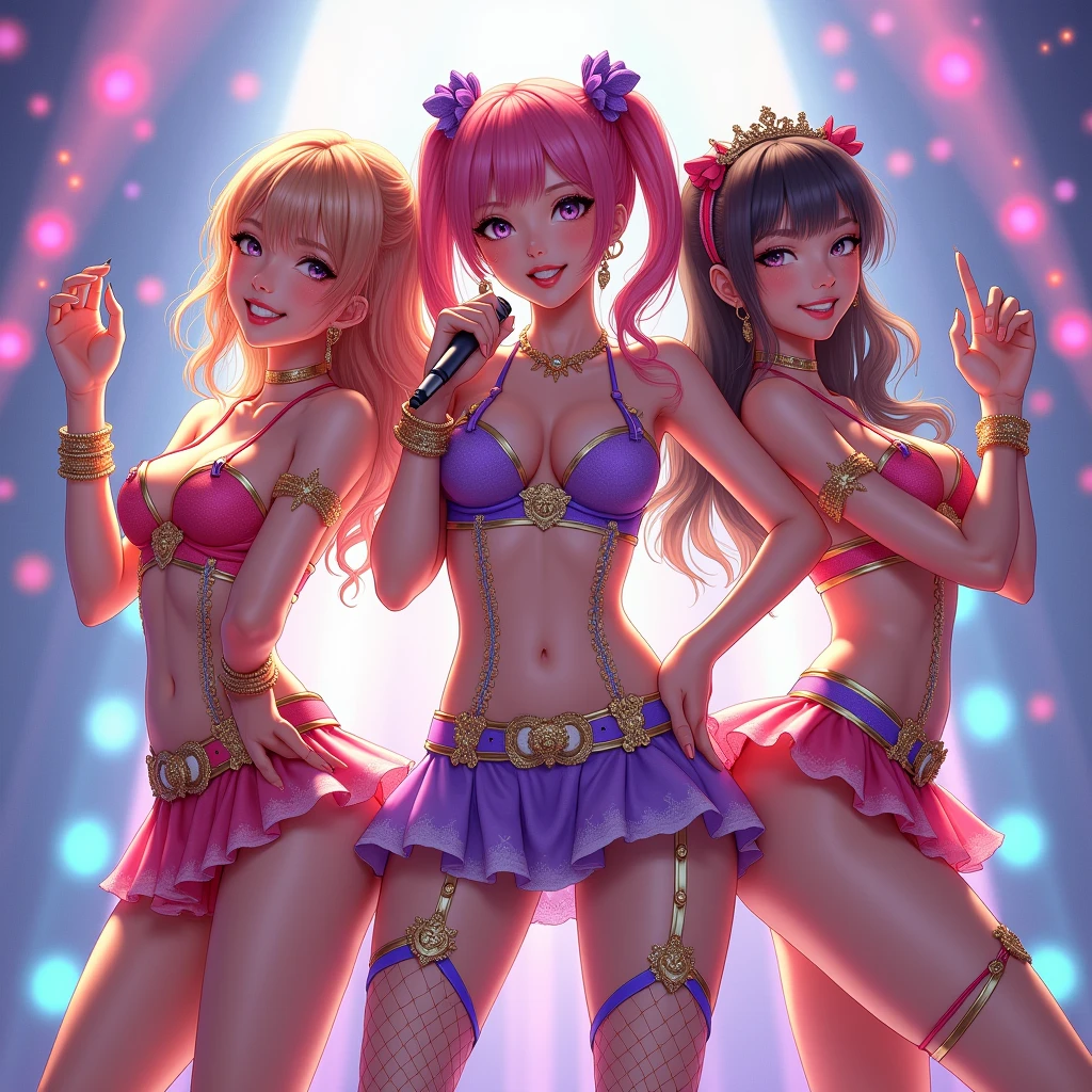 (((masterpiece、Highest quality)))、((Three girls、beautiful girl、Detailed and cute face、smile、Pussy:1.5)))、(Idol Concert、Concert Stage、PreCure Costumes、Beautiful illuminations)、(Three naked cute girls:1.3、Various hair colors、smile:1.3、Idol Costumes)、(Nipples)、(Glowing Skin、Flashy and gorgeous accessories、Fishnet tights、Black Hair)、Visitors々