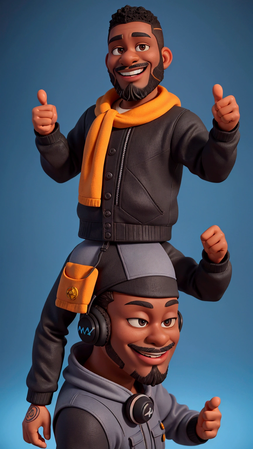 create an illustration of a smiling 2 black man in a black jacket with gaming headphones around his neck, showing thumbs up, beard cut to a thin size on the sides and with a medium-sized beard (8cm) on his chin, light brown eyes with an African American haircut, medium length black hair. with game setup background.drawing in 3D Art style, c4d, disney style, pixar style render, detailed skin (texture), (clay) (cinematic lighting) Super Detail illustration, 8K