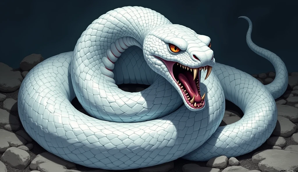 ((best quality)), ((masterpiece)), white snake, poisonous white snake, venomous, scary, fierce, dangerous, angry, mad, lethal, fangs, dark background, black background, anime, comic book