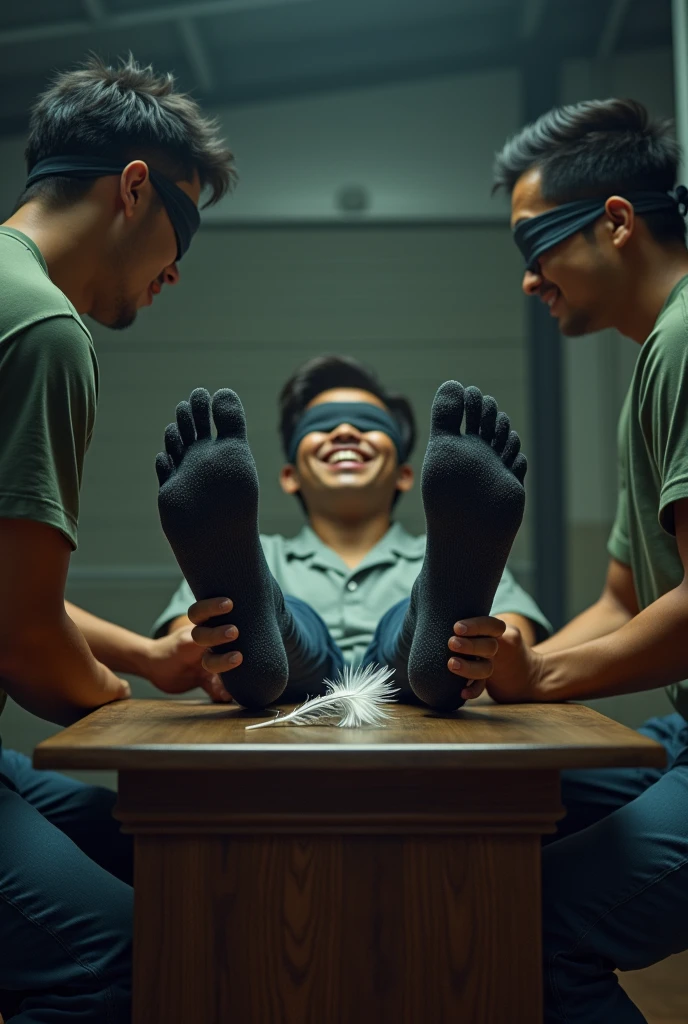 Malaysia malay handsome 21 years food panda rider
His hand tied up in warehouse
Blindfolded
feet on desk
feather
shoes on desk
5 toes each feet
Black sock
Smock effect smelly sock
2 man massage his feet
He laugh very hard