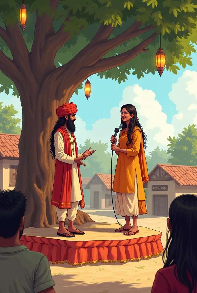 An illustration of A 30 years old female journalist wearing kurta salwar with open long hair having microphone in her hand asking for opinions under a tree on a raised platform of the village. There is a big tree on it and it is decorated with frills and lanterns. Few more people are there to listen it. Microphone is towards a man wearing turban kurta and pyjama. There are village homes in the background and a board of the name of village 
